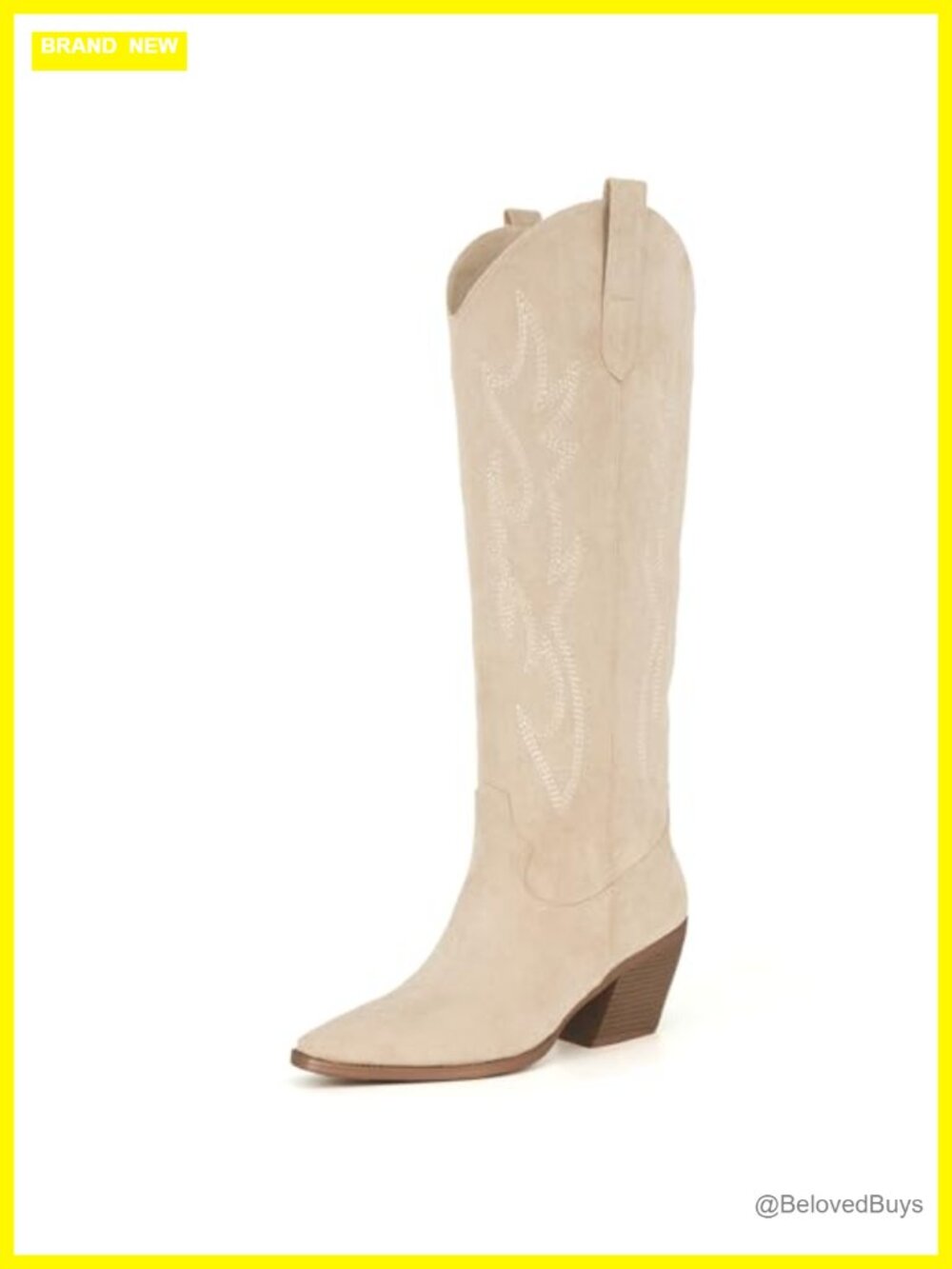 Faux Suede Knee High Cowboy Boots Pointed Toe Block Heel Embroidered Western